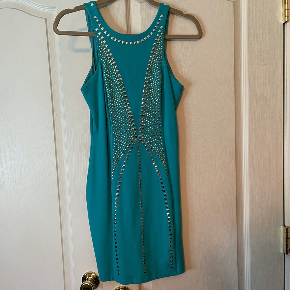 Bebe Teal Bedazzled Low Back Dress